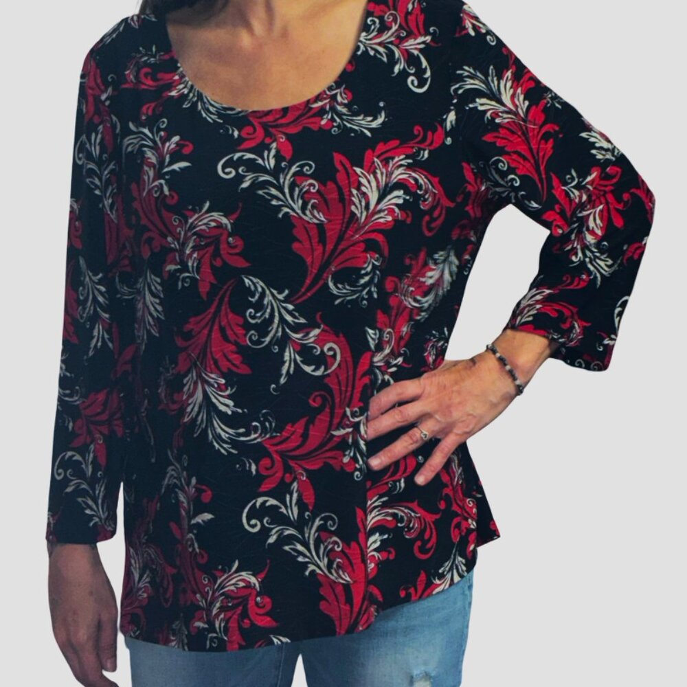 Sz.XXL*Croft & Barrow*Black/Red/Gray Feather-Print Blouse--3/4 Sleeves